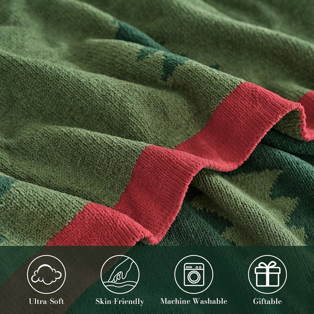 Christmas Knit Throw for Couch, Reversible Soft Cozy Chenille Blanket Decor Gift for Family, 50" x 60", Green