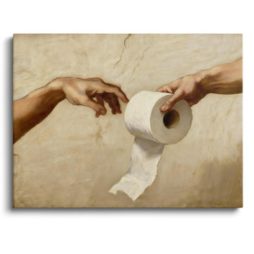Funny Toilet Paper Wall Art, Michelangelo's Creation of Adam Parody with Toilet Paper Roll, Humorous Bathroom Canvas