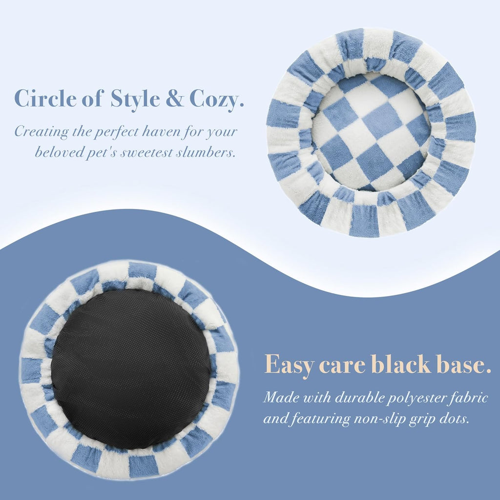 Checkered Dog Bed, Cute Blue Retro Style Aesthetic Round Warming Pet Calming Beds for Small Dog and Cats, Plush Cozy