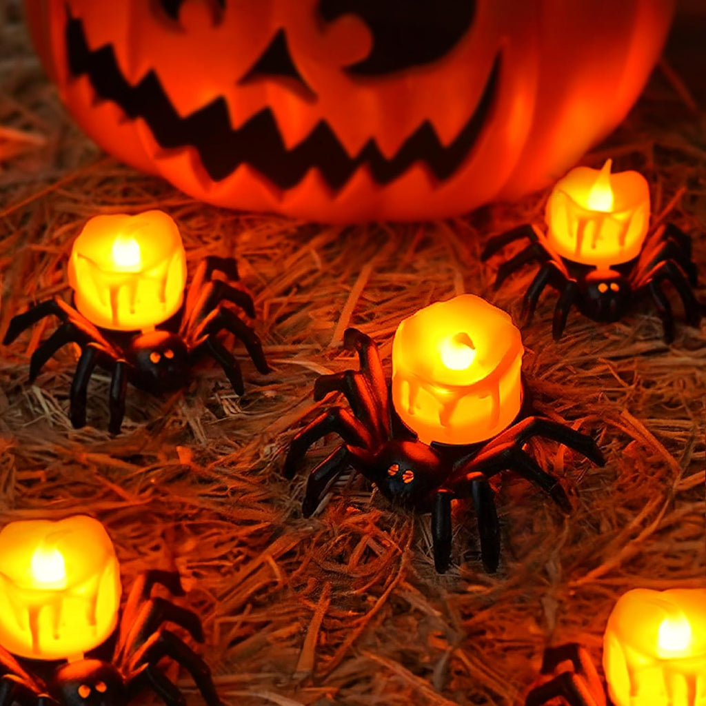 Halloween Spider Tea Lights Candles, Battery Operated LED Flameless Spider Candles Holder Lights, Spooky - Set of 12