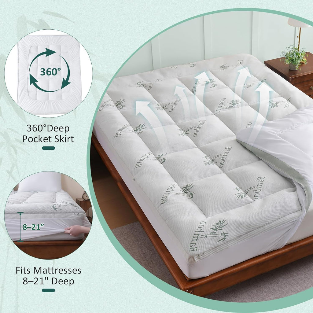 Memory Foam Mattress Topper Queen, Viscose Derived from Bamboo | Pillow Top Mattress Pad for Back Pain Relief | Deep