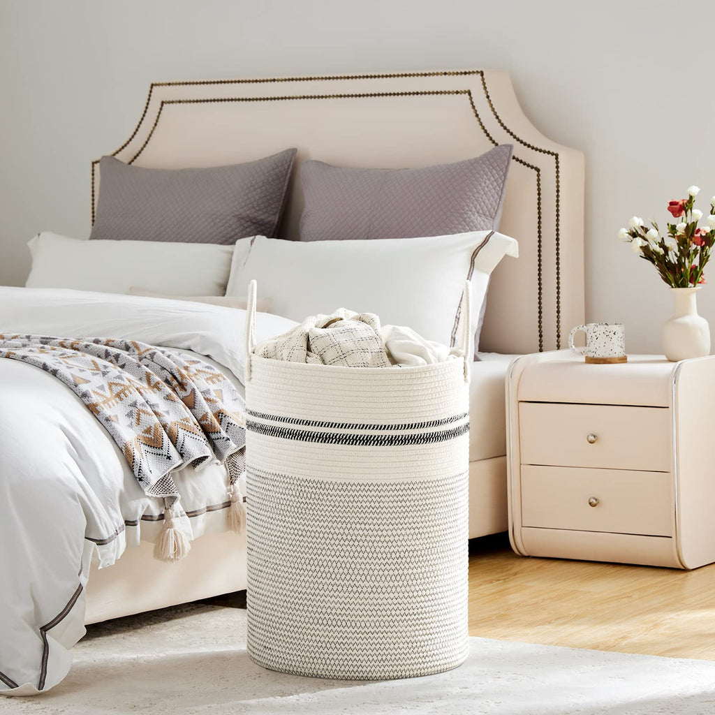72L Tall Woven Laundry Basket Hamper, Stripe White