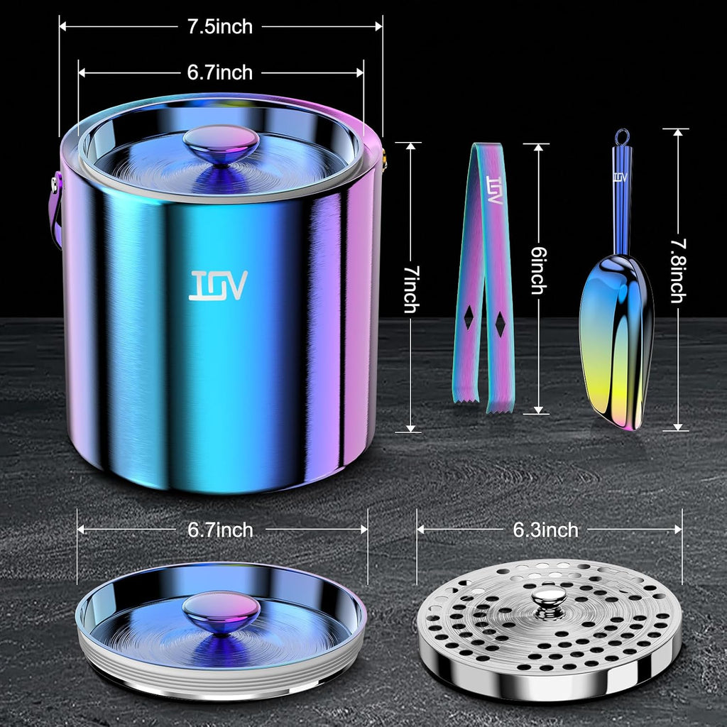 Ice Bucket with Lid, Scoop, Tongs, and Strainer, 3 L Stainless Steel Double Wall Insulated Ice Bucket for Parties