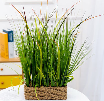 20"Artificial Grass Plant in Leather Woven Planter Decor