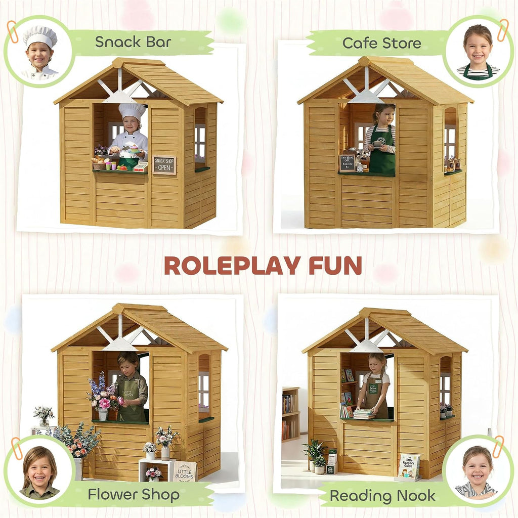 Outdoor Playhouse Wooden Kids Playhouse Functional Door Ages 3-8 Brown | Three Windows, Two Flower Boxes, Kids