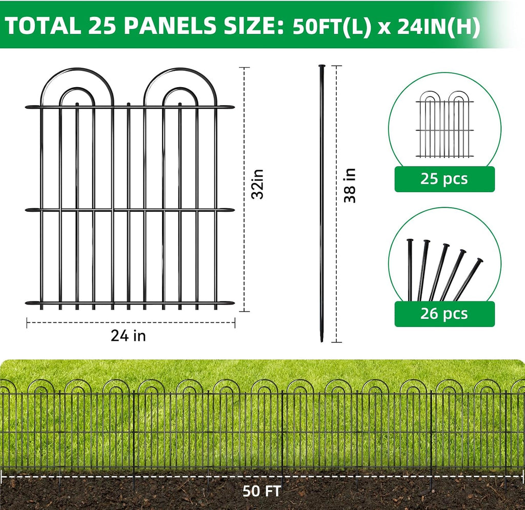 25 Panels No Dig Decorative Garden Fence, 32in(H) X 50ft(L) Tall Dog Fence Outdoor for Yard, Rustproof Metal Wire