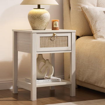 White Rattan Nightstand with Storage Shelf, Boho Bedside Table