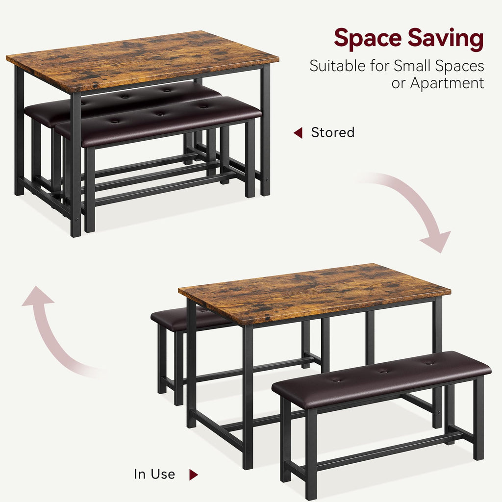 Dining Table Set for 4, Kitchen Table with Upholstered Bench, Rectangular Dining Room Table Set with 2 Benches, 3