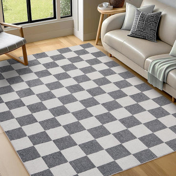 Washable Rug 5x7 ft Checkered Rug, Grey and White Area Rug, Boho Large Rugs, Low Pile Lightweight Indoor Carpet with