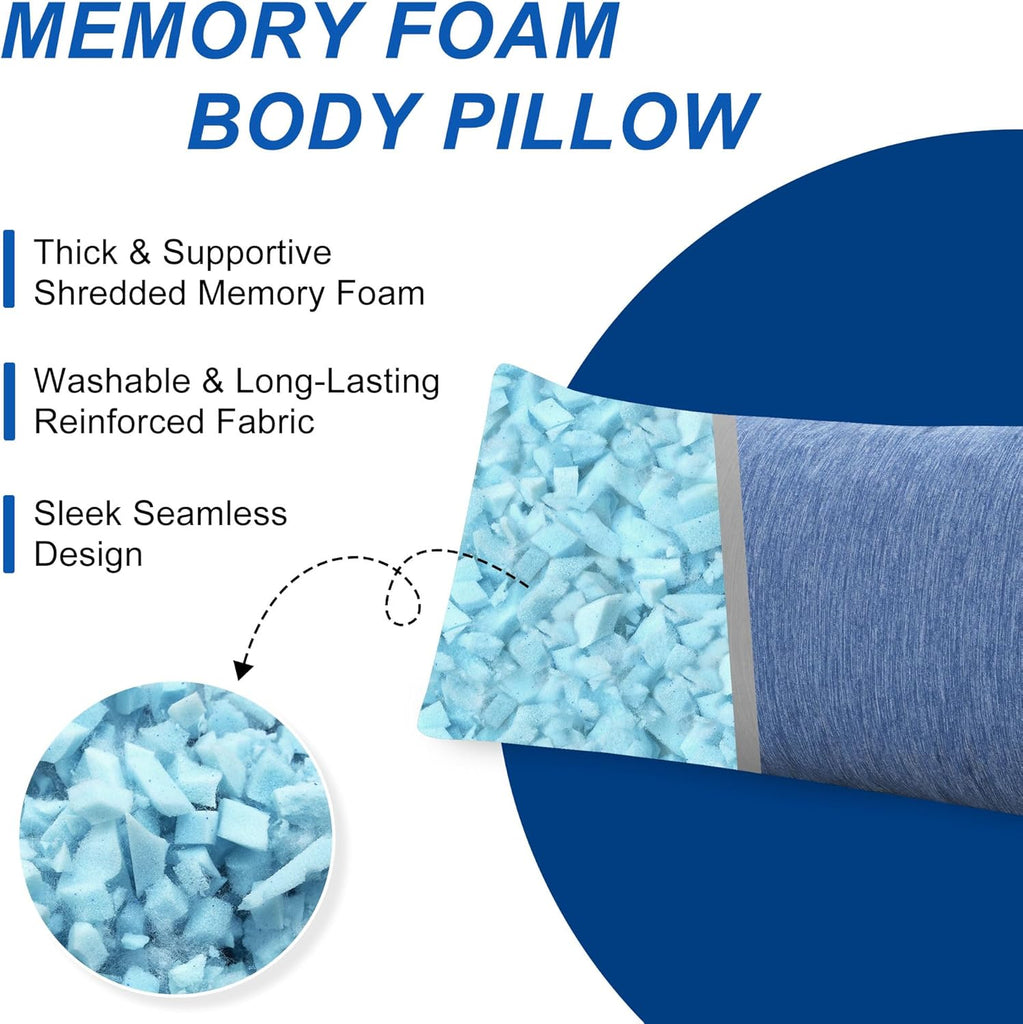 Cooling Body Pillow for Adults, Memory Foam Insert 20x60 Inch Blue | For Side Sleepers, Soft Support for Pregnant