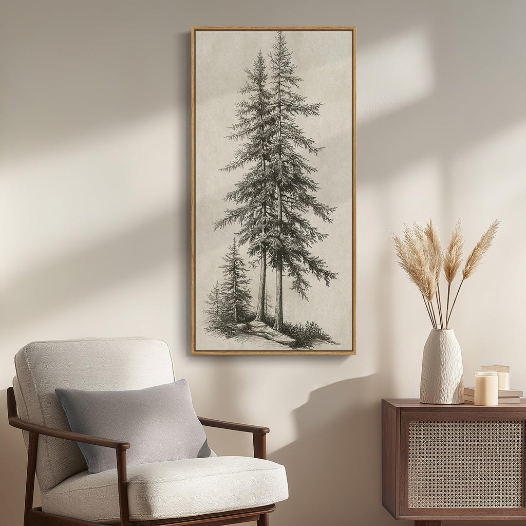 Framed Vertical Vintage Tree Sketch Wall Art, 20x40 Inch
