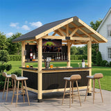 9.5' x 6.4' Outdoor Wooden Gazebo Bar Set with Galvanized Steel Roof, 3 Bar Tops, Power Strip & TV Hook