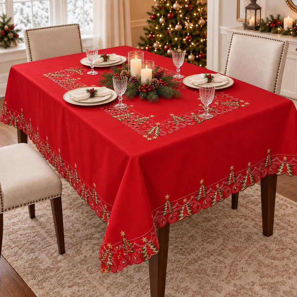 Embroidered Rectangle Christmas Tablecloth, 60 x 84 Inches, Red