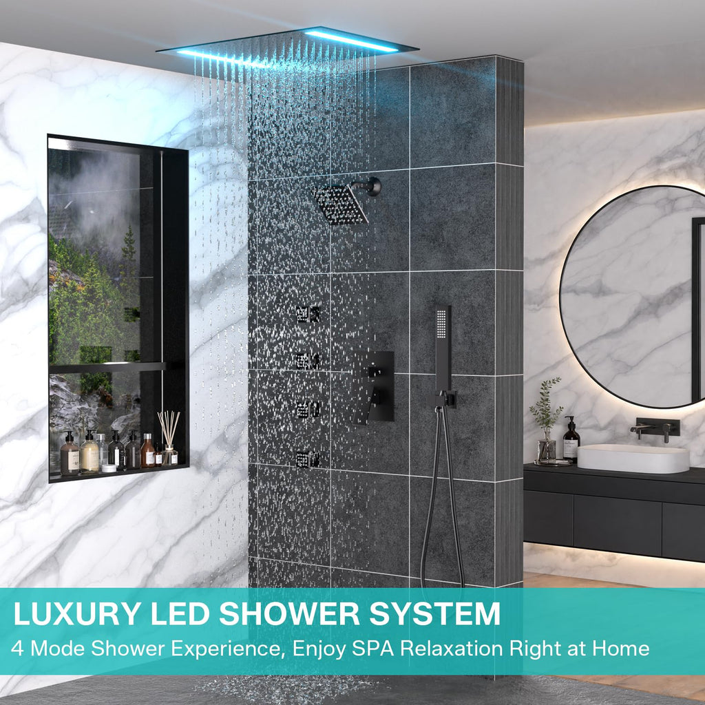 Dual Rain LED Shower System, 14"x20" Large Shower Head + 6" Wall Shower, 4 Body Jets with Individual On/Off &