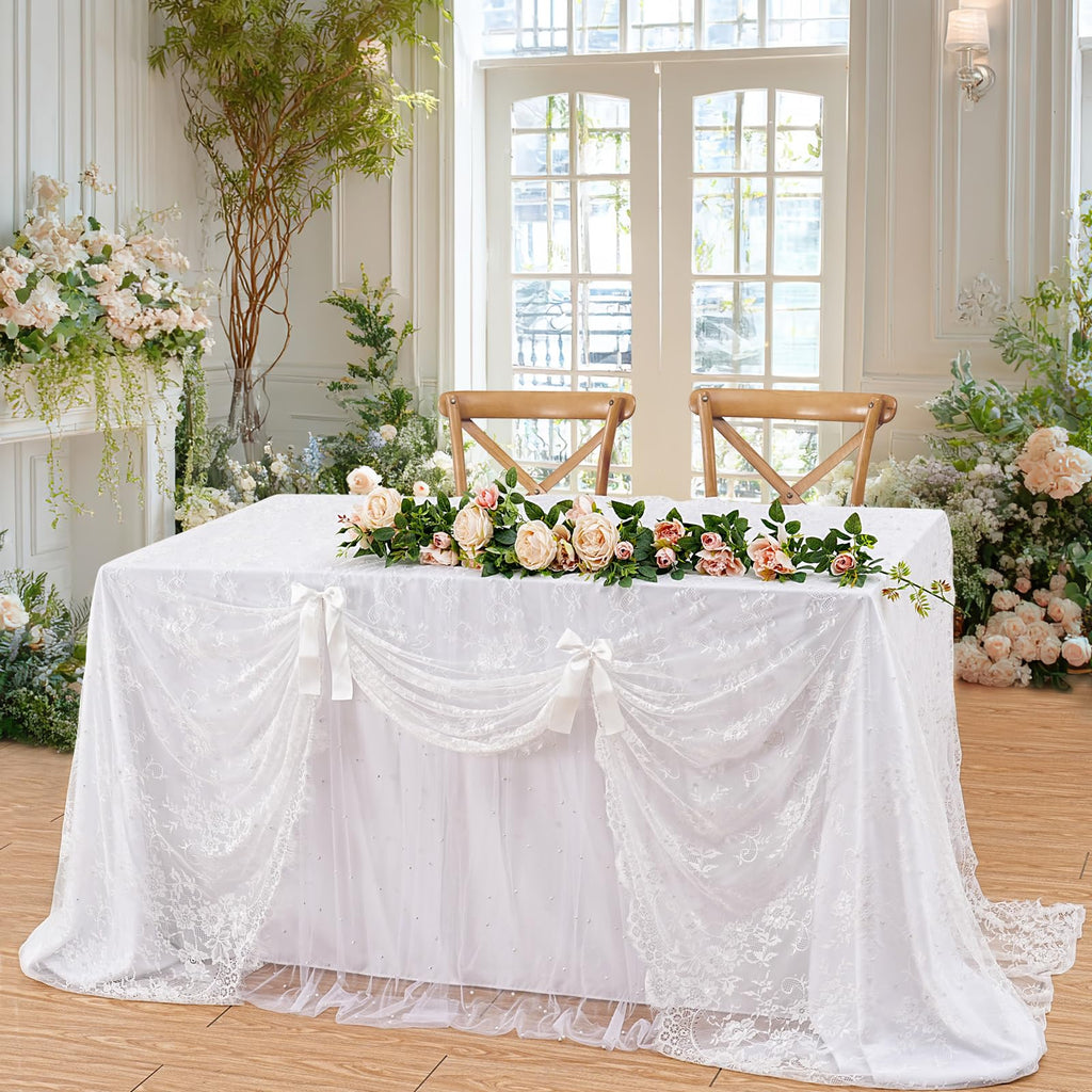 White Lace Tablecloth 5 Pack 60 x 120 Inch Wedding Table Cloth Rustic Table Overlay Sheer Table Cloths for Vintage