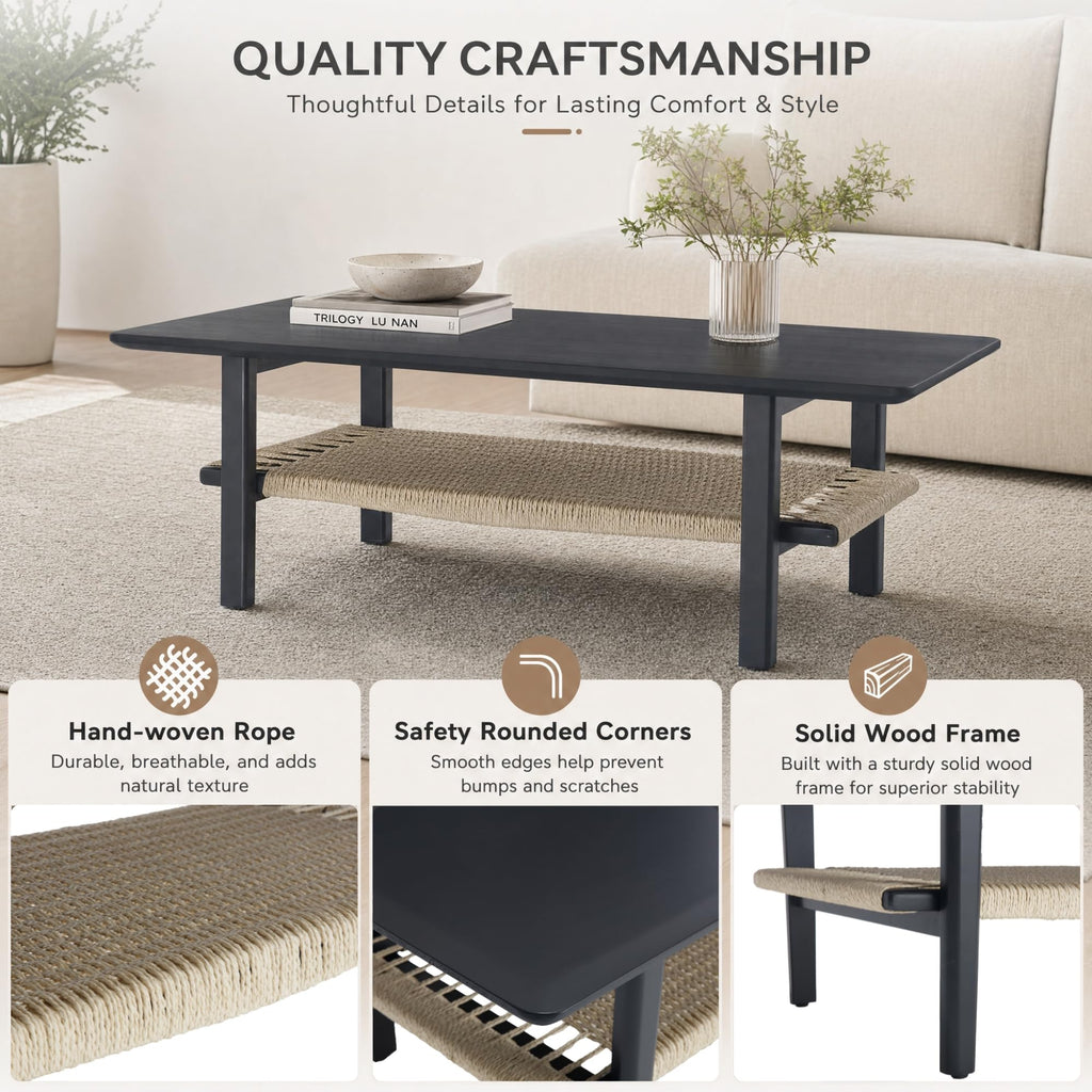 2-Tier Rattan Coffee Table, 47" Rectangle Wood Center Table, Black
