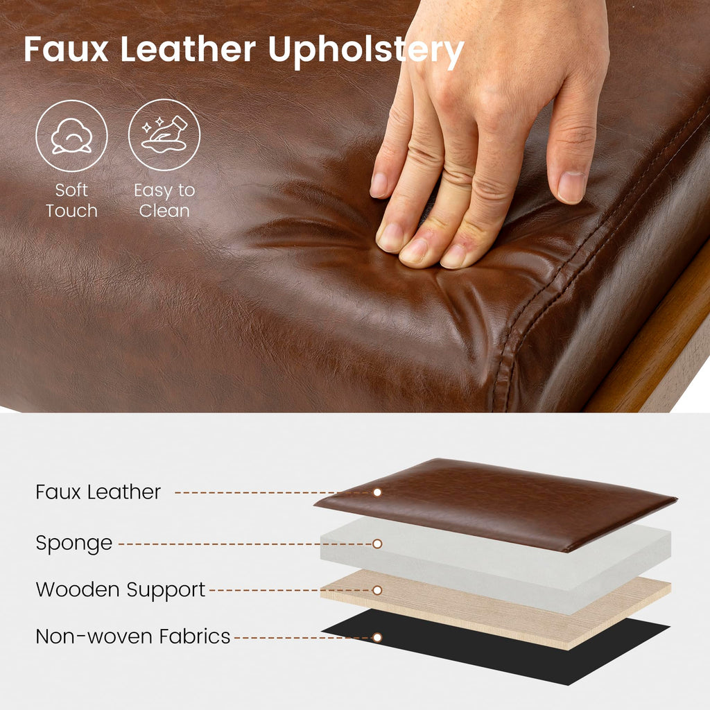 Rectangle Ottoman Bench Set of 2, Modern Coffee Leatherette Footstool with Walnut Rubberwood Legs