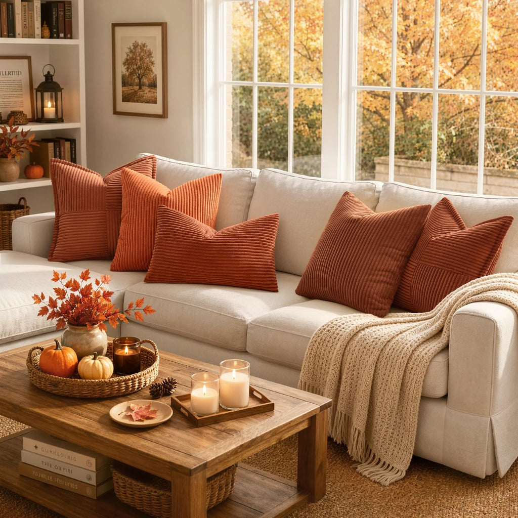 Fall Lumbar Corduroy Throw Pillow Covers Set of 2 12x20 Rust
