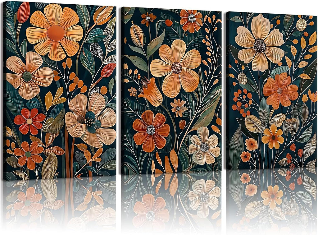 3 pcs Vintage Orange Floral Framed Canvas Wall Art, Medieval Modern Floral Paintings, Natural Botanical Artwork