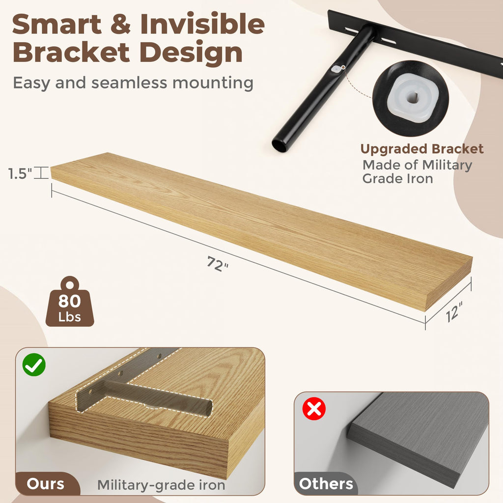 72 Inch Floating Shelves, 12 Inch Deep Wall Shelf for Fireplace Mantel, Large Display Shelf & Storage Shelf, Wood