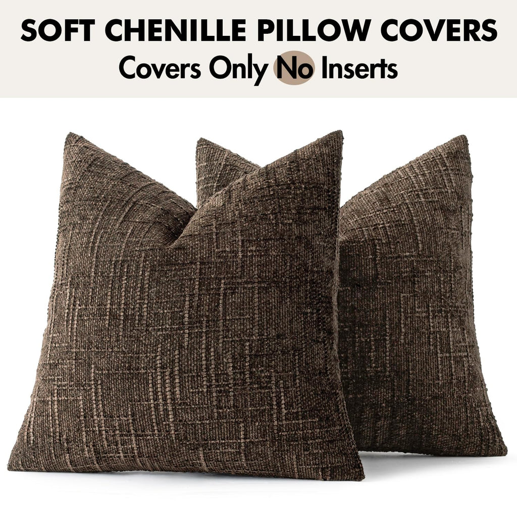 Chenille Textured Fall Throw Pillow Covers Brown 20x20 Set of 2