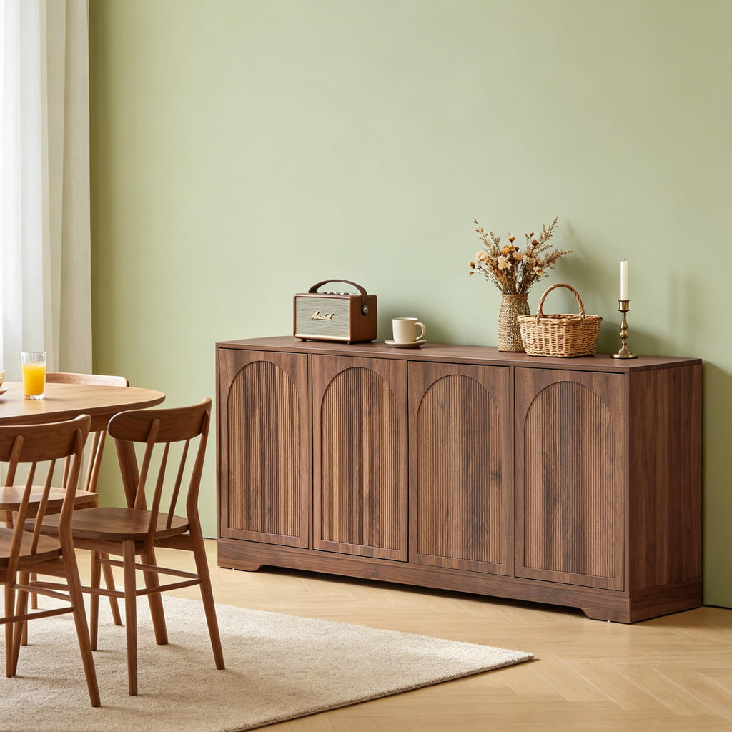 Walnut 124.4" TV Stand for TVs up to 100 Inches Fluted & Arched Doors