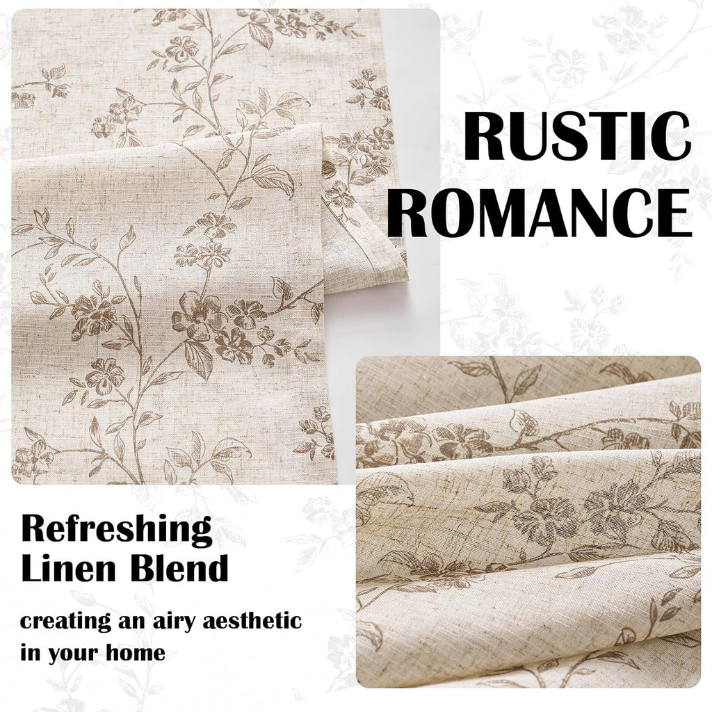 Taupe Floral Linen Curtains 84 Inch Farmhouse Curtain Back Tab Drapes for Living Room Bedroom Light Filtering Vintage