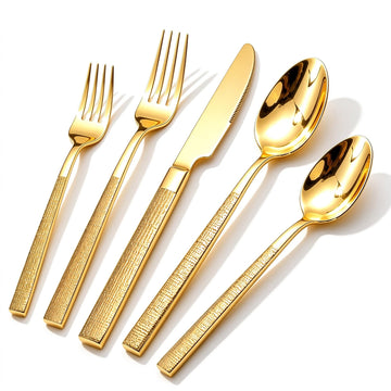 Gold Hammered Silverware Set for 1, 5-Piece 18/10 Stainless Steel Flatware