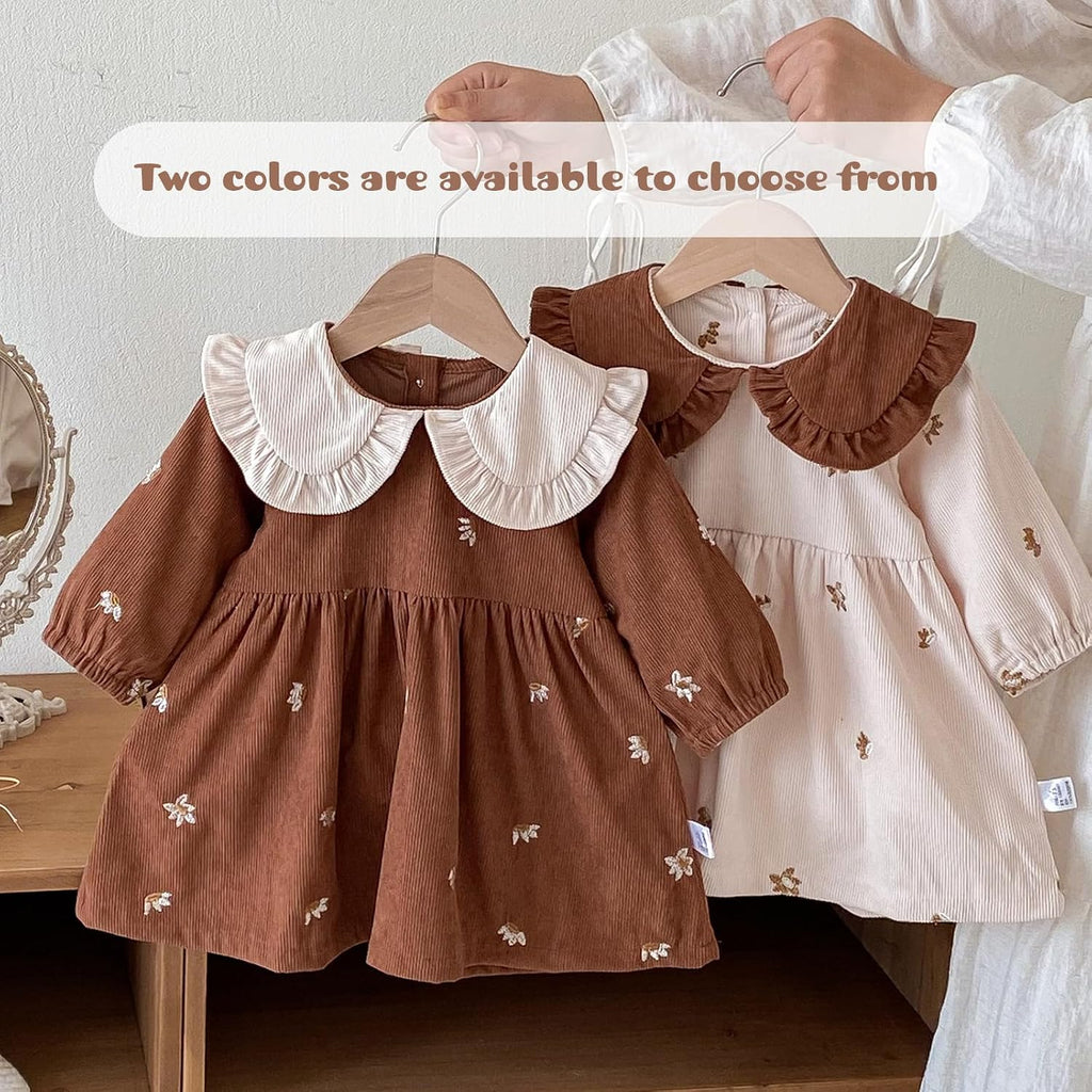 Toddler Baby Girl Corduroy Dress Ruffle Peter Pan Collar Floral Embroidery Long Sleeve Dress Spring Fall Outfits