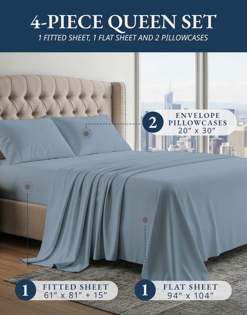 Queen Sheets 100% Egyptian Cotton Sateen - French Blue