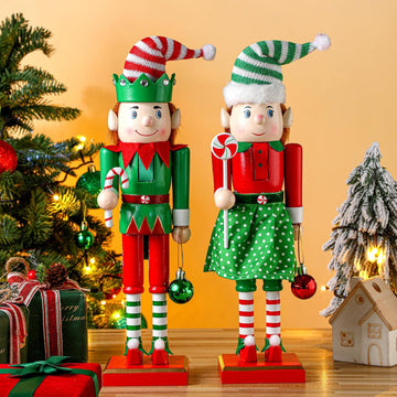 2 Pcs Christmas Nutcracker 14 Inch Wooden Elf Candy Cane Decor