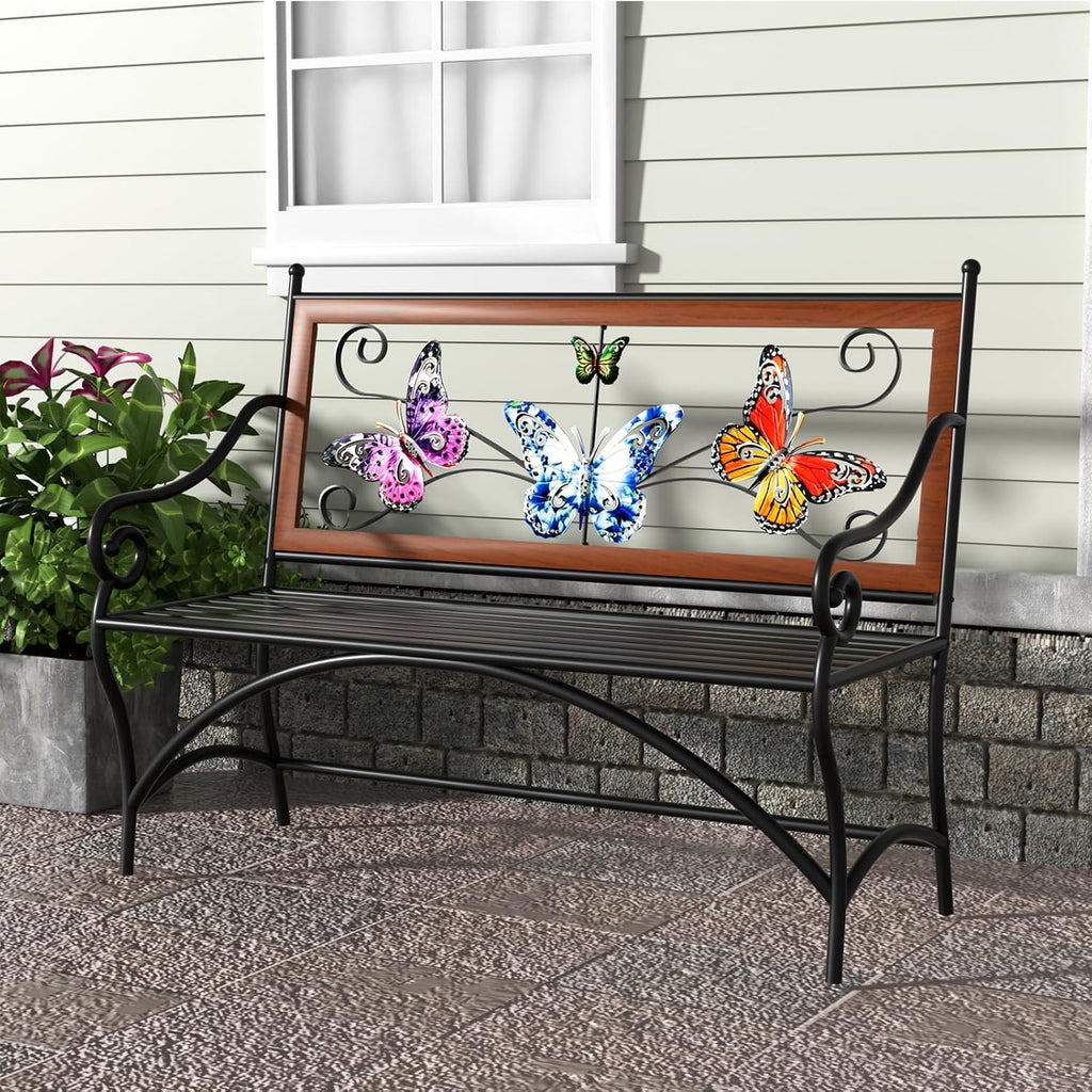 39.7" Outdoor Bench, Garden Bench, Patio Bench with Armrest, Slatted Seat and Butterfly Pattern Backrest for Outside