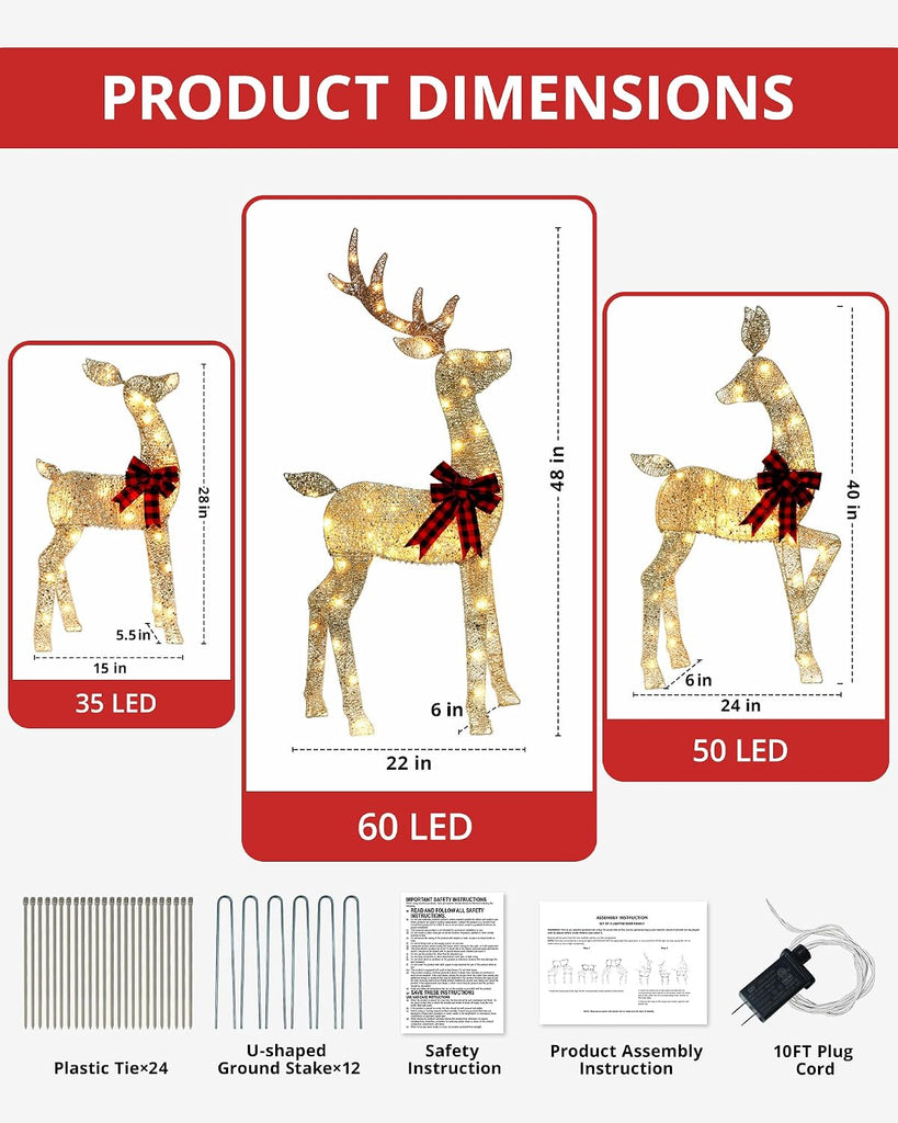 48 Inch 2.5D Lighted Christmas Deer Decorations 3-Piece Reindeer Family Set