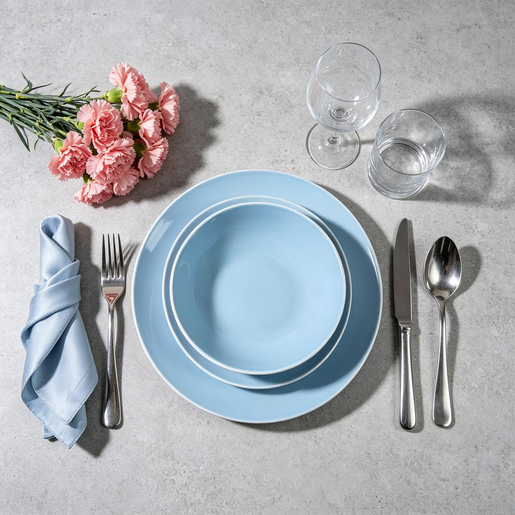 Stoneware Coupe Shape 18pc Dinnerware Set, Outside White + Inside Blue