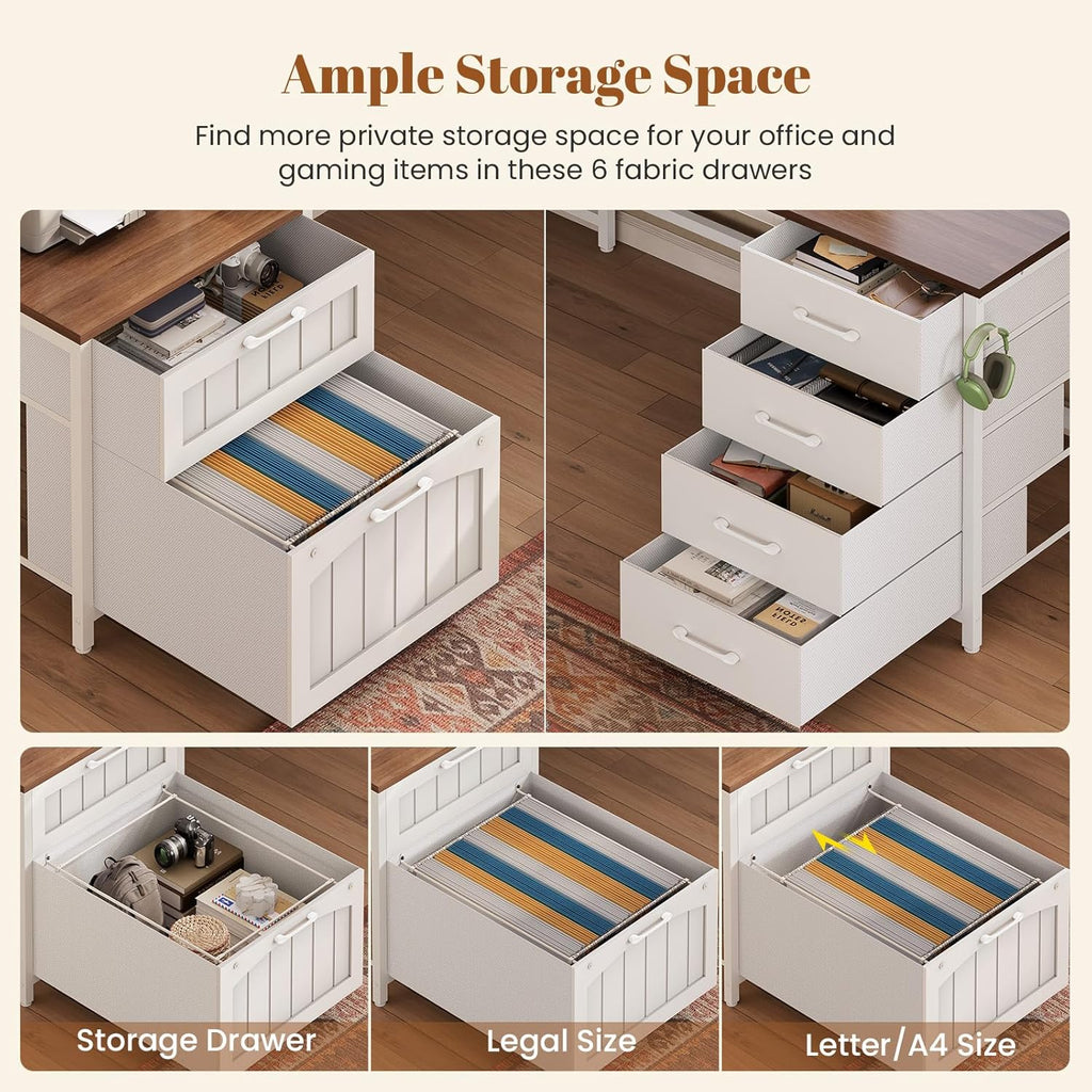Reversible Farmhouse L-Shaped Desk with Hutch, 6 Drawers, File Drawer & Power Outlets