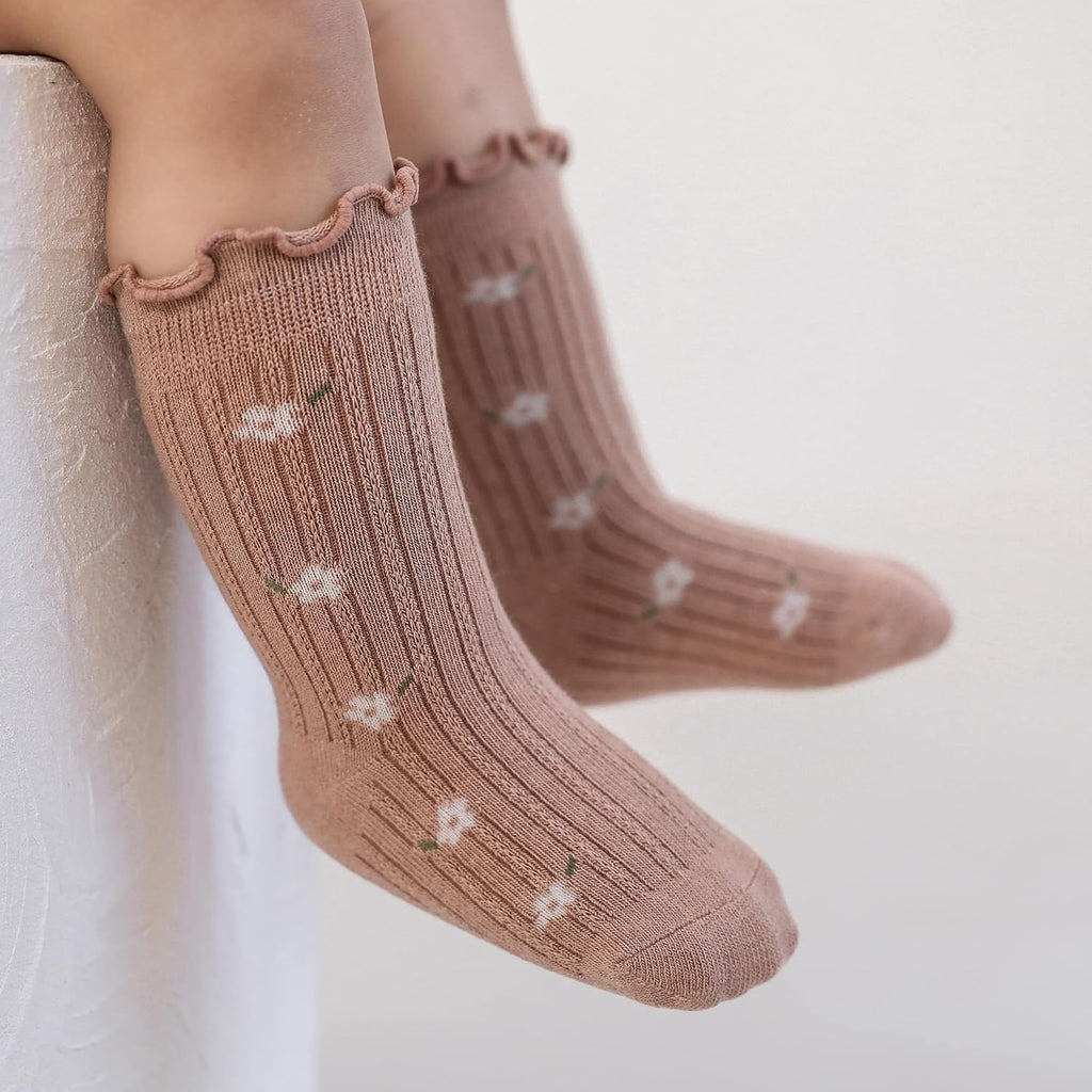 Baby Girls Toddler Socks Organic Cotton Socks Floral Pattern with Non-Skid Gripper for Fall Spring and Summer