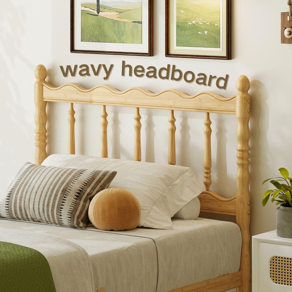 14 inch Solid Bamboo Wood Twin Size Bed Frame, Wavy Headboard and Footboard, Metal Slats, No Box Spring Needed and