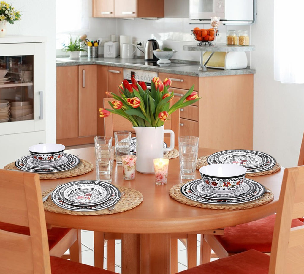 12-Piece Melamine Dinnerware Sets, Unbreakable Black white Plates and Bowls