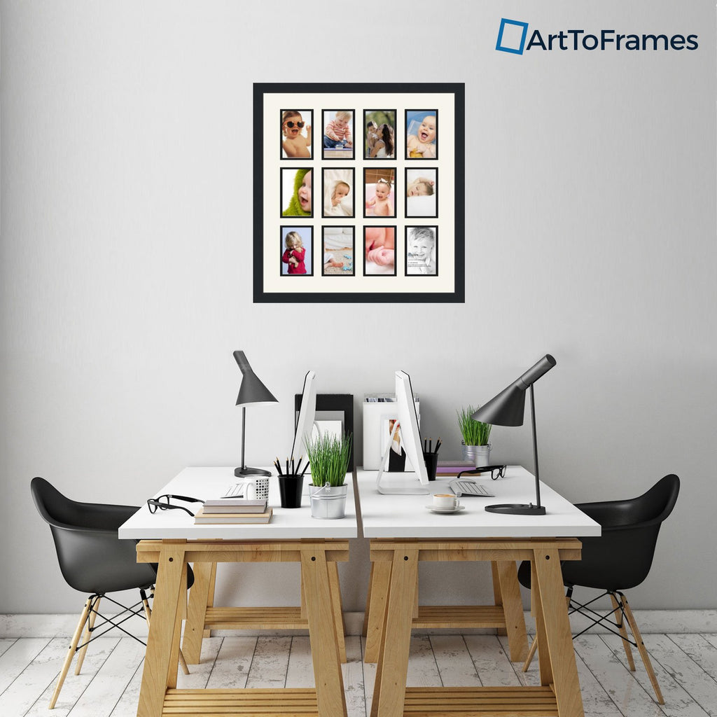 Collage Photo Frame Double Mat with 12-4x6 Openings and Satin Black Frame