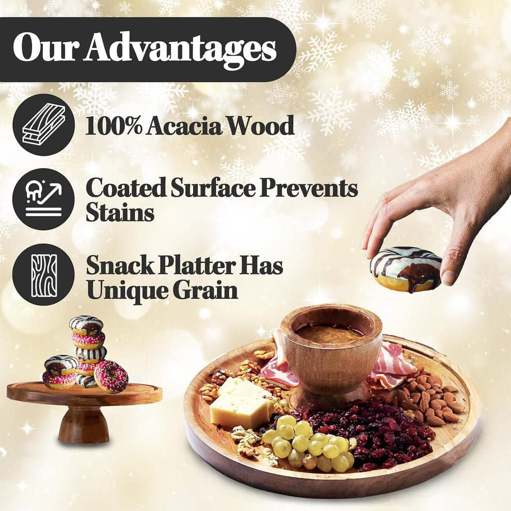 Cake Stand with Acrylic Dome Lid 2-in-1 - Multifunctional Round Shatterproof Dessert Table Display Set with Acacia