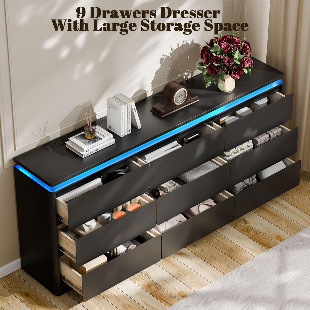 9 Drawer Dresser, 62.99" Long Black Chest of Drawers w/LED Light