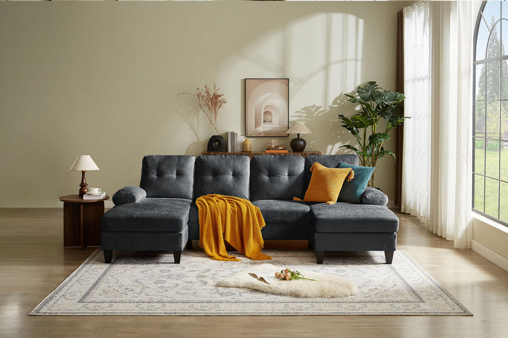 105" Sectional Sofa Couch, U Shape Sofas 4 Seat Couches with Double Chaise and Armrest, Modern Polyester Velvet