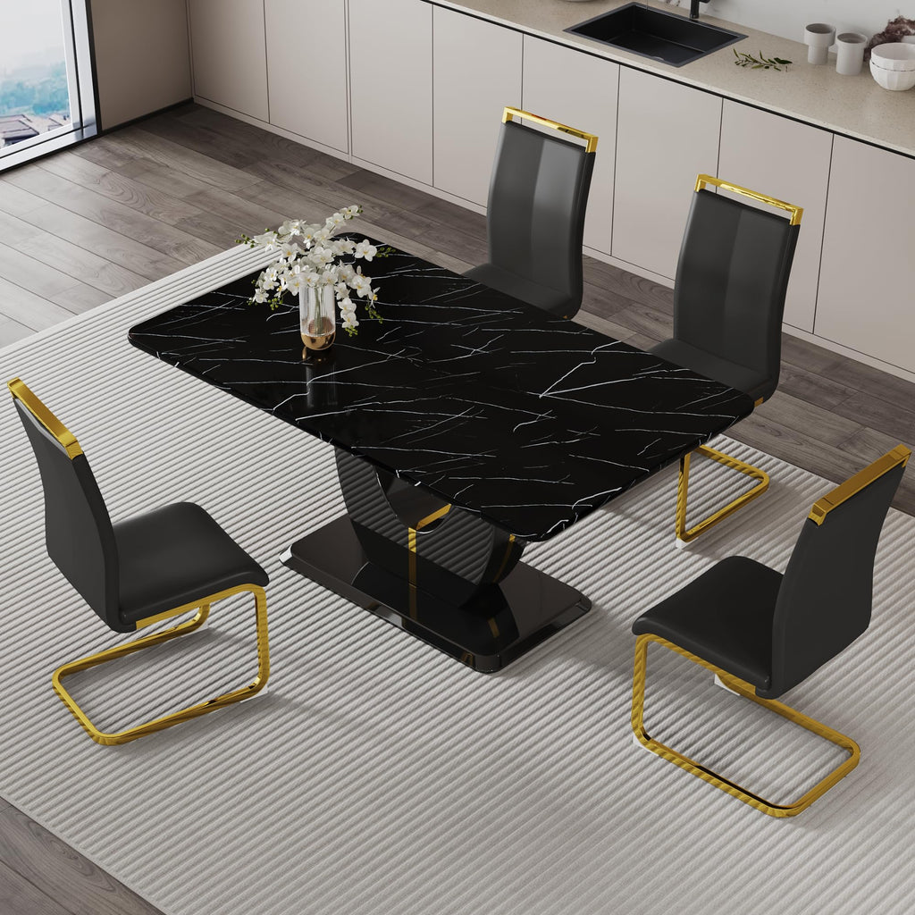 Dining Table Set for 4, Kitchen Table Chairs Set of 4, Modern Dining Room Set with 63 inch Marble Dinner Table PU