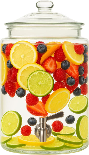 Large Glass Drink Dispenser with Spout - 1.5 Gallon Tall Mason Jar Style Beverage Server with Airtight Lid & Metal