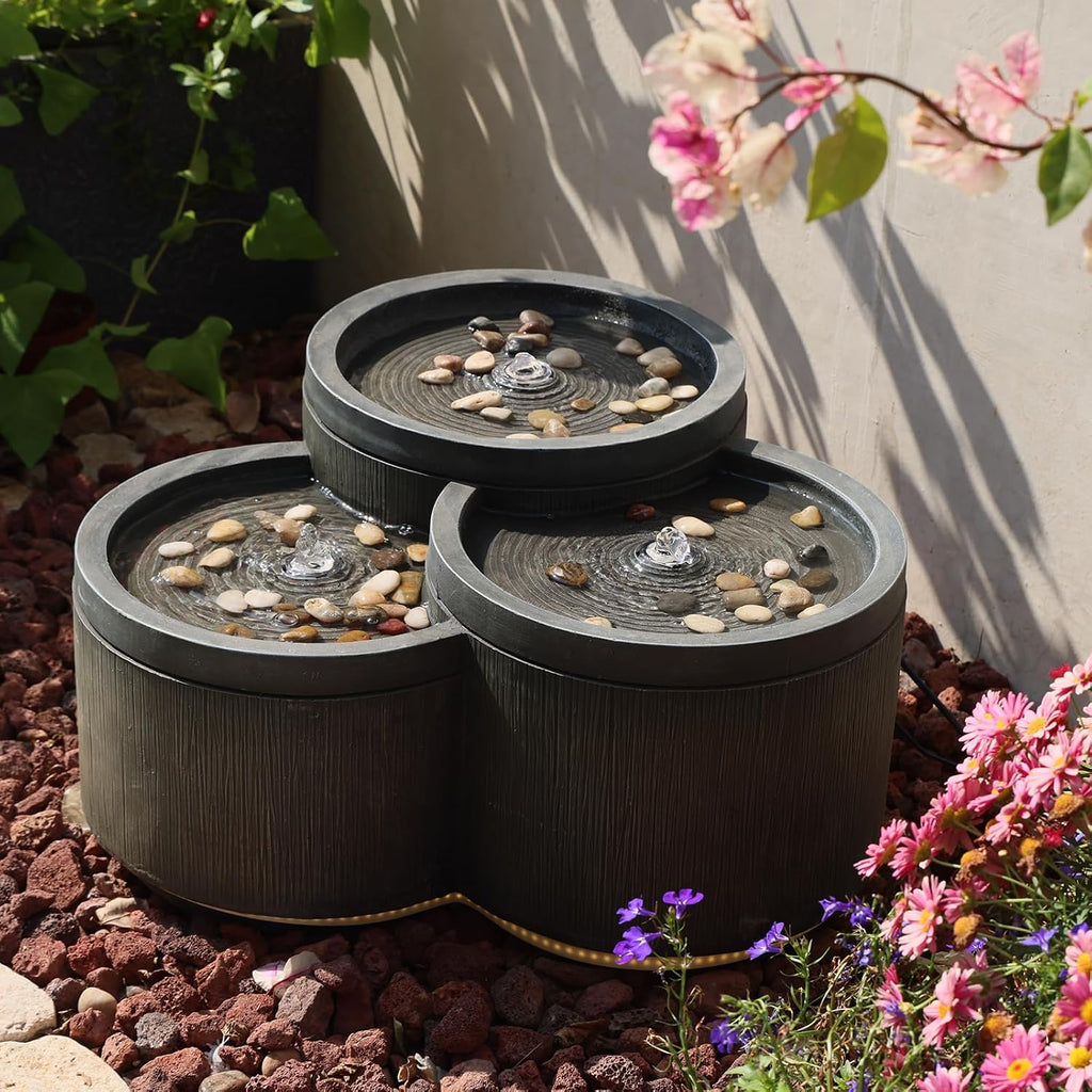 Small Modern Outdoor Water Fountain with 3 Led Lights Tiered Cascading Waterfall Feature with Quiet Pump Floor Water