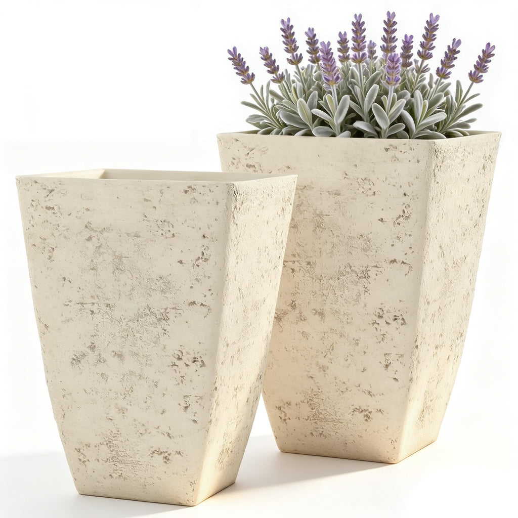 Autodaya Resin 19" Tall Planters Set of 2 Plant Pots, Country White Square