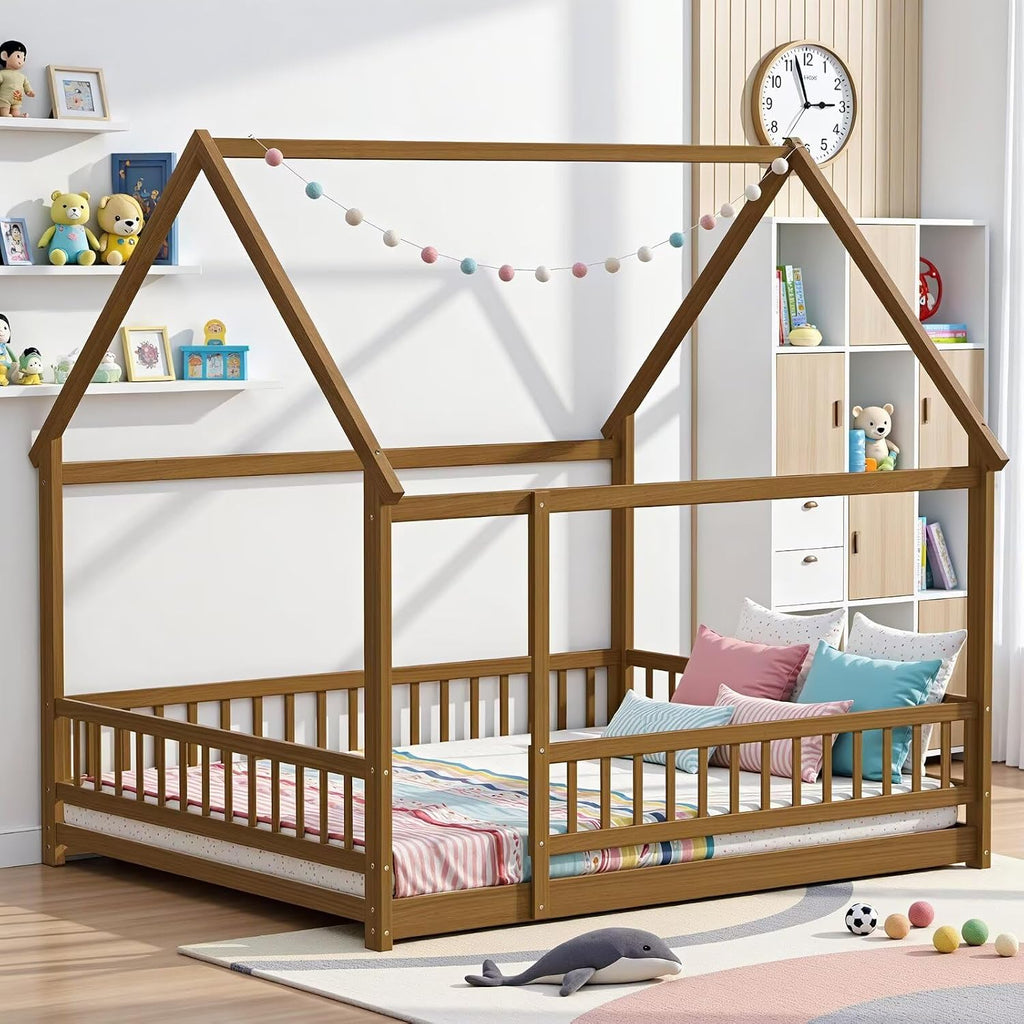 Queen Size Montessori Floor Bed Frame with Slats and Fence, Wooden House Bed for Boys Girls Bedroom, Light Espresso