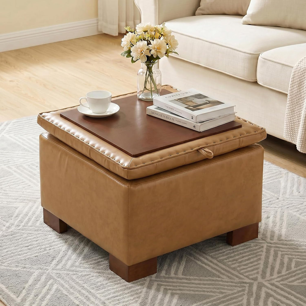 24 Inch Square Storage Ottoman Coffee Table, Modern Tufted Upholstered Ottoman with Flip Tray and Solid Wood Legs