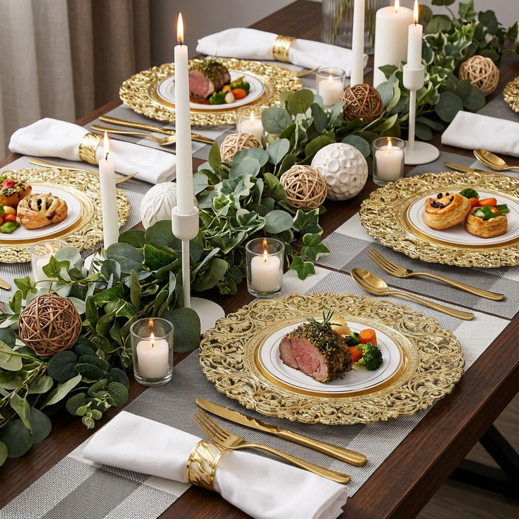 8 Pcs Antique, 13" Round Plastic Dinner Chargers, Decorative Hollowed Out Flowers Serving Plates for Dinner