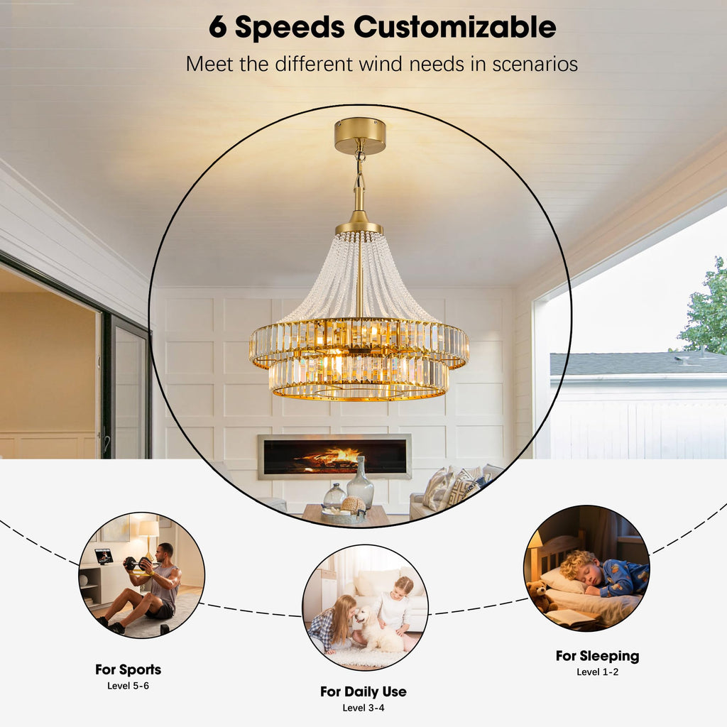 24" Crystal Chandelier Ceiling Fan with Lights, (Luxury Gold)